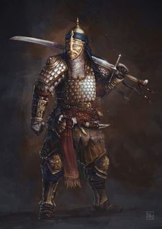 a man dressed in armor holding two swords