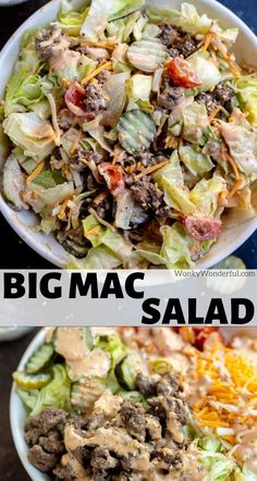 two bowls filled with different types of food and the words low carb big mac salad