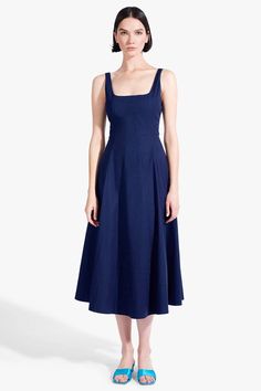 STAUD | WELLS DRESS Navy Navy Cotton Midi Dress, Staud Sleeveless Midi Dress, Navy Cotton A-line Dress, Staud A-line Spring Dresses, Staud Summer A-line Dress, Corset Style, Full Skirt, A Line Skirt, Cotton Poplin