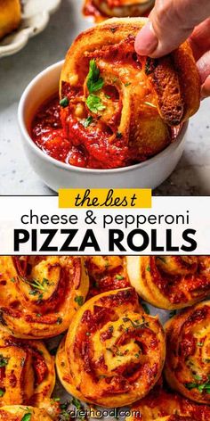 the best cheese and pepperoni pizza rolls in a white bowl with text overlay