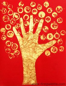 a hand with many circles on it in the shape of a tree, against a red background