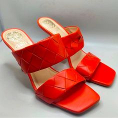 Vince Camuto Red Slides Slip On Heels Women's 8 Nwot Super Comfortable With Lots Of Padding! Condition: New Without Tags Special Features: Square Toe, Slip On Heels With Woven Pattern On The Double Straps, And 3" Stiletto Heel. Material Contents: Leather & Synthetic Materials From My Pet Free Smoke Free Obsessively Clean Home To Yours! Please Read My Meet Your Posher Post To Find Out About My Fundraiser. Thank You For Your Support! #Slideheels #Slides #Slidesandals Questions? Leave A Comment Bel Red Synthetic Heels With 4-inch Heel, Red Synthetic Open Heel Heels, Red Slip-on Sandals For Evening, Red Slip-on Formal Heels, Red Slip-on Heels For Formal Occasions, Red Slip-on Evening Heels, Red Slip-on Heels For Party, Red Synthetic Slip-on Heels, Synthetic Slip-on Heels With Red Sole