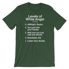 "Levels of White Anger (ranked) shirt - Awesome gift for Dad - Things Dads say - Funny white stereotype gift - Short-Sleeve Unisex T-Shirt This t-shirt is everything you've dreamed of and more. It feels soft and lightweight, with the right amount of stretch. It's comfortable and flattering for both men and women. * 100% combed and ring-spun cotton (heather colors contain polyester) * Fabric weight: 4.2 oz (142 g/m2) * Shoulder-to-shoulder taping * Side-seamed The Male model is wearing a size M. Funny White Short Sleeve Top, Funny White Crew Neck Shirt, Funny White Shirt With Letter Print, Funny White T-shirt Gift, White Funny Text Top, Funny White Shirt With Text Print, Funny White Shirt With Screen Print, Fitted White Shirt With Funny Text, Green Short Sleeve Shirt With Funny Text