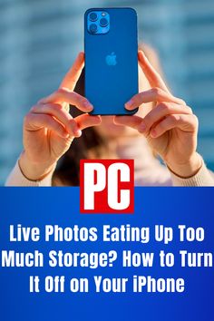 a woman holding up her cell phone to take a photo with the text, live photos eating up too much storage? how to turn it off on your iphone