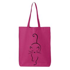 a pink tote bag with a black cat drawn on it's front and side