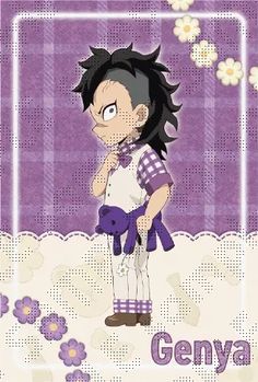 an anime character holding a teddy bear in front of a purple and white background with flowers