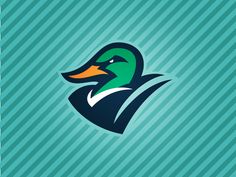 a green duck with an orange beak on a blue and green striped background, logo design