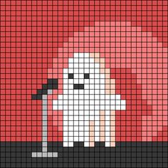 a cross stitch pattern with a white dog holding a black object in its mouth, on a red background