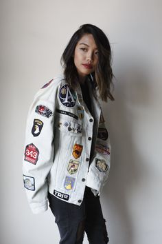 "This is our second jacket with one of our favorite Back patches - AIRBORNE. Levis SIZE MEDIUM.  The cut on this jacket is more relaxed, it has a slight \"V\" shape and slouchy fit that is vintage and modern at the same time. CHEST: 24\" from pit to pit buttoned up Shoulder to hem: 23\" Sleeve: 23\" (slightly dropped shoulder seam) Shoulder seam to shoulder seam: 23\"" Jaket Jeans Custom, Jacket Patches Aesthetic, Patched Jacket, Rodeo Dress, Lee Denim Jacket, Jean Jacket Patches, Jacket Patches, Denim Jacket Patches, Punk Dress