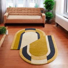 a living room with a couch and rug in it