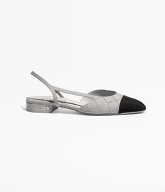 Slingbacks - Suede goatskin & grosgrain, gray, silver & black — Fashion | CHANEL Chanel Slingback, Mode Chanel, Fashion Chanel, Evening Flats, Couture Mode, Metal Light, Slingbacks