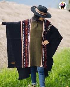 HANDMADE WOOL PONCHOS Ecuadorian artisans handcraft these ponchos in the Andes with unique techniques and designs. These luxurious wool ponchos are not only beautiful, and unique but they will keep you very warm during winter and fall with style. These ponchos are closed in the front and can be used by women and men. ITEM DESCRIPTION These ponchos are 100% wool.  Measurements are as follows: 43 inches in width and 35 inches in length (including the fringes). They are One size fits most. MATERIAL Artisan Handwoven Poncho, One Size, Black Bohemian Handwoven Poncho, Bohemian Black Handwoven Poncho, Handmade Alpaca Bohemian Poncho, Artisan Poncho For Fall, Artisan Poncho For Fall One Size, Handmade Bohemian Alpaca Poncho, Handmade Winter Poncho Cape, Traditional Black One-size Poncho