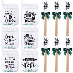 six pieces of wedding favors with green bows and white paper napkins, each with the words i love you