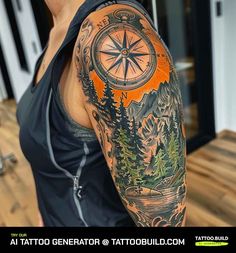 a woman with a tattoo on her arm has a compass and trees in the background