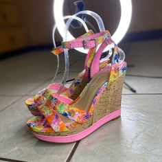 Gianni Bono Rainbow Paint Splatter Wedge Sandal Gianni Bini Woman’s Never Worn, We’re Bunched In Together With A Few Other Heels, May Have Some Storage Marks, Haven’t Tried To Clean Size 7.5 Check All Pictures For Measurements Summer Floral Print Open Toe Wedge Sandals, Floral Print Wedge Sandals For Vacation, Summer Floral Print Wedge Sandals, Multicolor Floral Print Wedge Heels, Casual Floral Print Wedge Heel Sandals, Floral Print Wedge Heels, Casual Wedge Sandals With Floral Print, Multicolor High Heel Wedge Sandals For Spring, Casual Wedge Heels With Floral Print