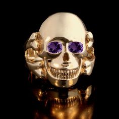 Skull Ring 14K Gold Ring With Gemstone Eyes Large Skull and Cross Bone Ring Biker Harley Jewelry Pir Handmade Elegant Skull Ring, Elegant Skull Ring With Gemstone, Gothic Gold Skull Ring For Halloween, Luxury Unique Gold Skull Ring, Gold Skull Shaped Collectible Ring, Gold Skull Ring Collectible, Ring With Gemstone, Skull And Cross Bones, Luxury Skull-shaped Ring