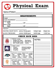 the physical exam form is shown in red and white, with an eyeball on it