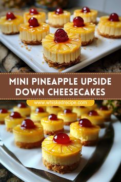 Mini Upside Down Pineapple Cheesecake, Mini Pineapple Upside Down Cakes Easy, Mini Pineapple Upside Down Cheesecake, Mini Cheesecakes Christmas, Upside Down Pineapple Cake Easy, Pineapple Upside Down Cheesecake Recipe, Christmas Dessert Tables, Pineapple Upside Down Cheesecake, Upside Down Cheesecake