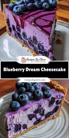 blueberry dream cheesecake on a white plate