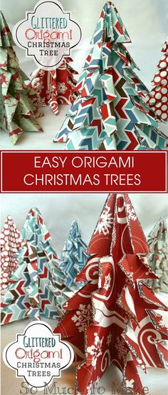 an origami christmas tree made out of folded paper with the words easy origami