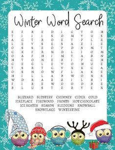 a winter word search is shown with owls and snowflakes on the bottom corner