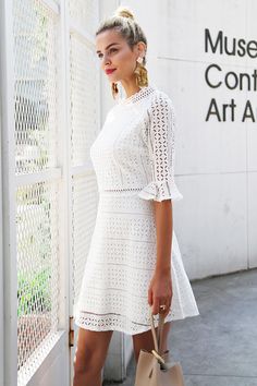 Vintage Hollow Out Lace White Dress - Uniqistic.com Elegant Summer Dresses, Lace Summer Dresses, Sleeveless Dresses Casual, Prom Dress Stores, Lace Dress With Sleeves, Half Sleeve Dresses, Short Dresses Casual, Lace Midi, Dress Midi