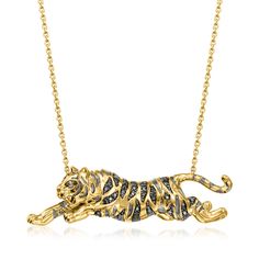 Ross-Simons - .15ct t. w. Black Diamond Leaping Tiger Necklace Over Sterling. 18". Jump into your fierce era with this leaping tiger necklace! Bold .15 ct. t. w. round brilliant-cut black diamonds adorn this exotic striped feline, shining in polished 18kt yellow gold over sterling silver. Stationed on a classic cable chain with a 2" extender. Lobster clasp, black diamond tiger necklace. Diamond birthstones are the perfect gift for April birthdays. Tiger Jewelry, Tiger Necklace, Diamond Birthstone, Diamond Jewelry Necklace, Necklace Diamond, Black Diamonds, Fine Jewellery Necklace, Cable Chain, Black Diamond