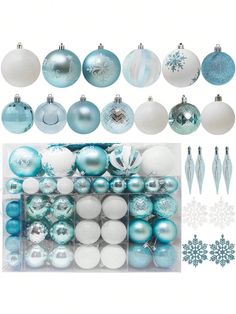 blue and white christmas ornaments are arranged in rows