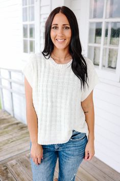 TEXTURED BOXY SWEATER TOP Relaxed fit, model is shown in her typical size small. 60% COTTON, 40% ACRYLIC Casual Crew Neck Sweater Vest Relaxed Fit, White Casual Crew Neck Sweater Vest, Casual White Crew Neck Sweater Vest, Cozy White Crew Neck Knit Top, White Knit Top For Everyday Fall Wear, Fall Crew Neck Sweater Vest, Cotton Textured Knit Crew Neck Sweater Vest, Cozy Cotton Crew Neck Sweater Vest, Cotton Textured Knit Sweater Vest With Crew Neck