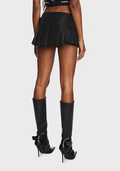 cuz resistance is useless. This pleated micro mini skirt has a vegan leather construction, an adjustable buckle belt, a low rise fit, and a concealed zip closure. Lala Outfits, Mini Black Leather Skirt, Black Leather Pleated Skirt, Pleated Leather Mini Skirt, Pleated Mini Skirt Outfit, Pride Clothes, Rave Boots, Vinyl Bodysuit, Rave Fits