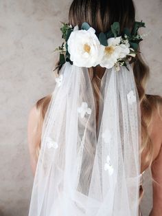 "Floral petals scatter across this white cathedral veil attached to a pretty boho flower crown. The crown features white wild roses, eucalyptus, tiny wild flowers and pink buds. -- this listing is for the crown and veil included -- full circlet crown fits 22\" heads (can be made to your measurement per request) -- flowing cathedral veil (can be created any length you prefer) -- handmade with ♡ by me -- leaves my studio in 3-5 days Check out the rest of my shop here https://gardensofwhimsy.etsy.c Wedding Flower Veil, Floral Crown Veil, Eucalyptus Flower Crown, Veil With Flowers, Boho Wedding Hairstyles, White Wedding Veil, Crown Veil, Veil Floral, Eucalyptus Flower