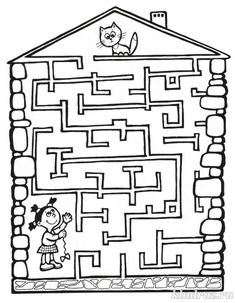 a house maze with a girl and cat in the door, on top of it