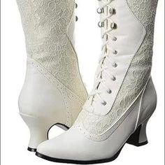 Women's Vintage Lace-Up Boots Mid Chunky Heel Ankle Booties Retro Gothic Round Toe Knight Boots. New Boots, Bought And Never Worn And Missed The Return Window. Bridal Boots Elegant, Goth Drag, Van Zieks, Juliet Costume, Lace Wedding Boots, White Lace Boots, White Lace Up Boots, White Heel Boots, Fashion Thoughts