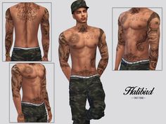 the man has many tattoos on his chest and arm, but he is wearing camouflage pants