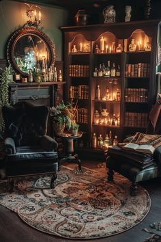 a living room filled with furniture and lots of candles