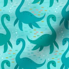 an image of a blue background with green dinosaurs and fish in the water on it