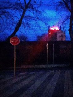 the stop sign is lit up at night time