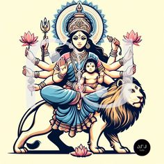 the hindu god sitting on top of a lion and holding a baby in his lap