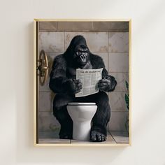 a gorilla sitting on top of a toilet reading a newspaper