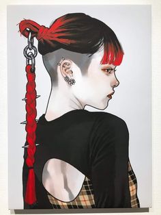 a drawing of a woman with red hair and piercings on her ears, wearing a black shirt