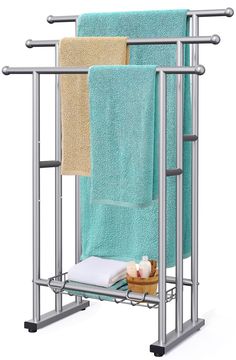 PRICES MAY VARY. Keep Oversized Towel Off Ground: 17.7" L x 12.6" W x 32.1"/36.0"/40.0" H, towel racks for bathroom is designed for oversized bath towels to keep them clean without touching the floor. Unique styling suits neat bathroom decor. Anti-slip Leveling Foot: Kayfia freestanding towel rack comes with four non-slip pads on the bottom that won't scratch indoor bathroom floors, weighted base makes towel rack stand more stable. Or move the quilt rack to an outdoor pool and keep it stable on Bath Towels Display For Rental, Towel Racks For Bathroom, Toallero Ideas, Basket Blanket, Metal Towel Racks, Standing Towel Rack, Free Standing Towel Rack, Towel Display, Quilt Rack