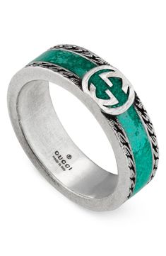 A rich turquiose hue adds color to this distressed sterling silver band punctuated by the emblematic interlocking Gs. Style Name:Gucci Men's Interlocking-G Band Ring. Style Number: 6172555. Available in stores. Jewelry Png, G Ring, Gucci Jewelry, Gold Ounce, Men Jewelry, Enamel Ring, Silver Enamel, Sterling Silver Bands, Gucci Men