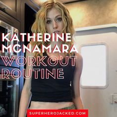 a woman standing in front of an oven with the words work out routine on it