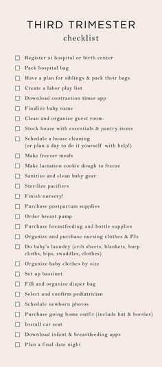 the third trimester checklist is shown in black and white, with text on it