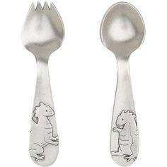 two spoons with animals on them and one has a fork in the shape of an animal