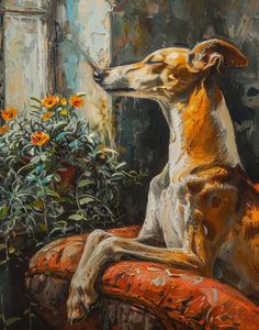 a painting of a dog sitting on an orange couch next to a potted plant