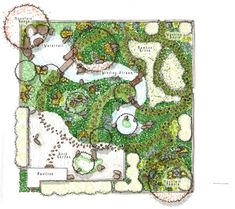 a garden design with lots of trees and plants