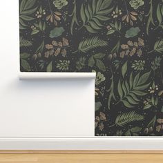 an image of a wallpaper with leaves and berries on it in a room that has wood flooring