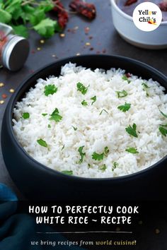 white rice in a bowl with cilantro and parsley on the side for garnish