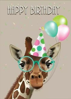 a giraffe wearing glasses and a party hat with balloons on it's head